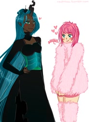 Size: 632x860 | Tagged: safe, artist:redmisa, character:queen chrysalis, oc, oc:fluffle puff, species:human, ship:chrysipuff, blushing, clothing, dark skin, female, heart, horn, horned humanization, humanized, lesbian, light skin, shipping, sweater, winged humanization, wings
