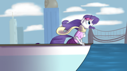 Size: 3828x2137 | Tagged: safe, artist:crazypon3, character:rarity, species:anthro, species:unicorn, episode:rarity takes manehattan, g4, my little pony: friendship is magic, female, mare, open mouth, open smile, profile, scene interpretation, ship, smiling, solo