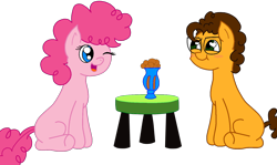 Size: 1588x945 | Tagged: source needed, safe, artist:kitsamoon, character:cheese sandwich, character:pinkie pie, species:earth pony, species:pony, blushing, colt, female, filly, glasses, male, one eye closed, open mouth, simple background, sitting, smiling, table, transparent background, wink