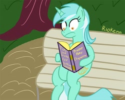 Size: 700x557 | Tagged: safe, artist:riokenng3, character:lyra heartstrings, species:pony, species:unicorn, bench, book, female, frown, lyra is not amused, reading, shrunken pupils, sitting, sitting lyra, solo, unamused, wide eyes