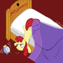 Size: 700x700 | Tagged: safe, artist:riokenng3, character:apple bloom, bed, clock, female, solo