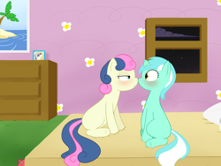 Size: 4000x3000 | Tagged: safe, artist:krekka01, character:bon bon, character:lyra heartstrings, character:sweetie drops, species:pony, species:unicorn, ship:lyrabon, bed, bedroom, bedroom eyes, blank flank, blushing, female, lesbian, looking at each other, mare, night, shipping, window, younger