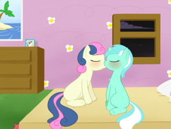 Size: 4000x3000 | Tagged: safe, artist:krekka01, character:bon bon, character:lyra heartstrings, character:sweetie drops, species:pony, species:unicorn, ship:lyrabon, bed, bedroom, blank flank, blushing, eyes closed, female, kissing, lesbian, mare, night, shipping, window, younger