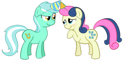 Size: 1725x853 | Tagged: safe, artist:krekka01, character:bon bon, character:lyra heartstrings, character:sweetie drops, ship:lyrabon, blushing, clothing, female, hat, horns are touching, lesbian, party hat, shipping