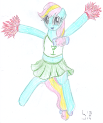 Size: 1850x2214 | Tagged: safe, artist:bamthand, oc, oc only, oc:candy axe, species:pony, cheerleader, clothing, cute, jumping, midriff, pom pom, skirt, skirt lift, solo, traditional art