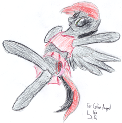 Size: 1657x1666 | Tagged: safe, artist:bamthand, oc, oc only, species:pegasus, species:pony, cheerleader, clothing, commission, female, flying, midriff, panties, skirt, solo, traditional art, underwear, upskirt