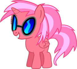 Size: 1024x921 | Tagged: safe, artist:creshosk, character:dj pon-3, character:vinyl scratch, oc, oc only, oc:cherry bloom, species:alicorn, species:pony, alicorn oc, alternate hairstyle, female, filly, foal, hooves, horn, simple background, smiling, solo, sunglasses, teeth, transparent background, vector, wings, xk-class end-of-the-world scenario