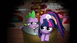 Size: 1280x720 | Tagged: safe, artist:musapan, character:spike, character:twilight sparkle, fanfic:cupcakes, basket, cropped, scared