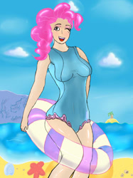 Size: 600x803 | Tagged: safe, artist:firebird145, character:pinkie pie, species:human, beach, breasts, busty pinkie pie, clothing, female, humanized, one-piece swimsuit, solo, swimsuit