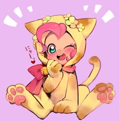 Size: 663x673 | Tagged: safe, artist:hotomura, character:pinkie pie, bell, cat costume, clothing, costume, cute, diapinkes, female, japanese, kigurumi, one eye closed, open mouth, purple background, simple background, sitting, solo, wink