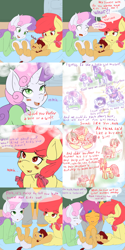 Size: 2560x5120 | Tagged: safe, artist:sagasshi, character:apple bloom, character:scootaloo, character:sweetie belle, oc, oc:lightning blitz, parent:rain catcher, parent:scootaloo, parents:catcherloo, species:pegasus, species:pony, comic:ask motherly scootaloo, motherly scootaloo, absurd resolution, baby, baby pony, colt, comic, cutie mark crusaders, dialogue, foal, hairpin, male, offspring, older, older apple bloom, older scootaloo, older sweetie belle, speech bubble, sweatshirt