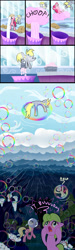 Size: 1500x5000 | Tagged: safe, artist:cgeta, character:daisy, character:derpy hooves, character:lily, character:lily valley, character:pinkie pie, character:roseluck, species:pegasus, species:pony, bubble, comic, cotton candy cloud, eye scream, female, flower trio, food, mare, soap, sugar (food), this did not end well, weather factory