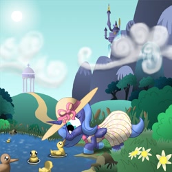 Size: 1200x1200 | Tagged: safe, artist:cgeta, character:princess luna, species:duck, species:pony, canterlot, clothing, cute, dress, filly, hat, pond, water, woona