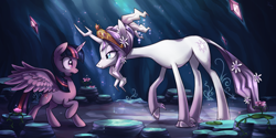 Size: 1600x800 | Tagged: safe, artist:heilos, character:tree of harmony, character:twilight sparkle, character:twilight sparkle (alicorn), oc, oc:harmony (heilos), species:alicorn, species:classical unicorn, species:pony, episode:princess twilight sparkle, g4, my little pony: friendship is magic, big crown thingy, cloven hooves, crepuscular rays, elements of harmony, eye contact, featured on derpibooru, female, flower, flower in hair, leonine tail, lidded eyes, mare, open mouth, ponified, raised hoof, scene parody, smiling, spread wings, story included, surprised, tree of harmony, unshorn fetlocks, wide eyes, wings