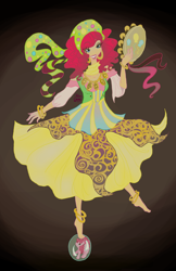 Size: 1970x3045 | Tagged: safe, artist:littlemissvi, character:pinkie pie, species:human, friendship is witchcraft, anklet, balancing, barefoot, clothing, dress, feet, female, grin, gypsy bard, gypsy pie, humanized, looking at you, musical instrument, romani, smiling, solo