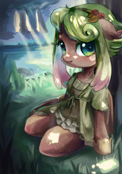 Size: 1200x1700 | Tagged: safe, artist:akamei, oc, oc only, oc:miuya, species:anthro, species:pegasus, species:pony, anthro oc, clothing, cute, dress, female, forest, hairband, headdress, kneeling, pixiv, semi-anthro, smiling, solo