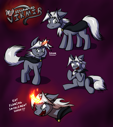 Size: 3500x3966 | Tagged: safe, artist:virmir, oc, oc only, oc:virmare, oc:virmir, annoyed, cape, clothing, dialogue, disgruntled, fire, floppy ears, grin, grumpy, open mouth, ponified, smiling, solo, soon, species swap, yelling