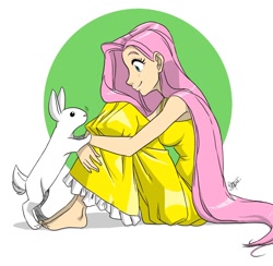 Size: 1064x1037 | Tagged: safe, artist:aeolus06, character:angel bunny, character:fluttershy, species:human, species:rabbit, g4, barefoot, clothing, cute, dress, feet, female, humanized, sitting, sundress