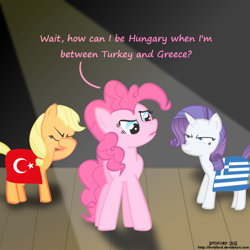 Size: 1000x1000 | Tagged: safe, artist:invidlord, character:applejack, character:pinkie pie, character:rarity, facehoof, flag, greece, hatless, hungary, missing accessory, turkey (country)