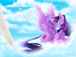 Size: 900x672 | Tagged: safe, artist:chokico, character:twilight sparkle, character:twilight sparkle (alicorn), species:alicorn, species:pony, feather, female, mare, solo