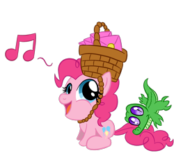 Size: 1678x1477 | Tagged: safe, artist:infernaldalek, character:gummy, character:pinkie pie, episode:party of one, g4, my little pony: friendship is magic, basket, biting, chibi, cute, diapinkes, duo, invitation, letter, music notes, open mouth, tail bite