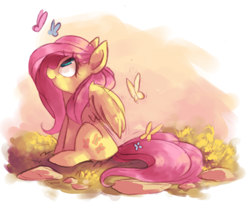 Size: 1280x1058 | Tagged: safe, artist:askpopcorn, character:fluttershy, species:pegasus, species:pony, butterfly, cute, female, looking at something, looking up, mare, observer, profile, shyabetes, sitting, smiling, solo, wings