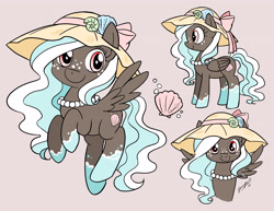 Size: 3300x2550 | Tagged: safe, artist:chibi-jen-hen, oc, oc only, oc:seafoam, species:pegasus, species:pony, clothing, female, freckles, hat, jewelry, mare, necklace, pearl necklace, shell, smiling, solo, spread wings, sun hat, wings