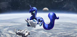Size: 1800x880 | Tagged: safe, artist:foxi-5, character:princess luna, character:twilight sparkle, astronaut, frown, map, planet, reading, space, space suit, spaceship