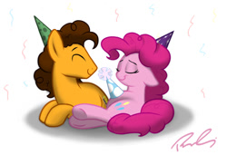 Size: 1015x696 | Tagged: safe, artist:riquis101, character:cheese sandwich, character:pinkie pie, ship:cheesepie, clothing, cute, eyes closed, female, floppy ears, hat, male, on side, party hat, preggy pie, pregnant, prone, shipping, smiling, straight, streamers, underhoof