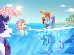 Size: 1329x1000 | Tagged: dead source, safe, artist:naminzo, character:fluttershy, character:rainbow dash, character:rarity, species:crab, animal, beach, eyes closed, floppy ears, laughing, ocean, open mouth, palm tree, profile, rainbow dash is not amused, swimming, tree, trio, unamused, water, wet mane