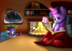 Size: 3508x2473 | Tagged: safe, artist:wreky, character:spike, character:twilight sparkle, book, fireplace, marshmallow, reading