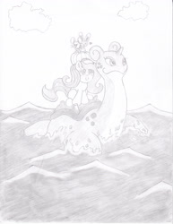 Size: 2552x3308 | Tagged: safe, artist:mc-ryan, character:angel bunny, character:fluttershy, character:surf, species:rabbit, buneary, clothing, crossover, hat, lapras, monochrome, ocean, pokémon