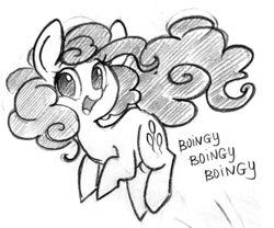 Size: 709x591 | Tagged: safe, artist:askpopcorn, character:pinkie pie, female, happy, monochrome, pronking, solo, traditional art