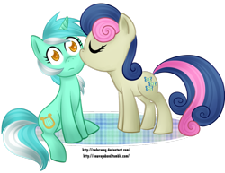 Size: 1024x791 | Tagged: safe, artist:newvagabond, character:bon bon, character:lyra heartstrings, character:sweetie drops, ship:lyrabon, female, filly, kissing, lesbian, shipping, surprise kiss, surprised