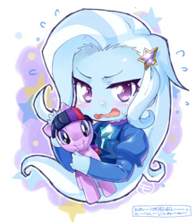 Size: 526x600 | Tagged: safe, artist:mococo, character:trixie, character:twilight sparkle, species:pony, ship:twixie, my little pony:equestria girls, female, lesbian, plushie, shipping, solo, twilight sparkle plushie, wavy mouth