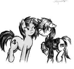 Size: 1072x1000 | Tagged: safe, artist:masterjosh140, oc, oc only, oc:homage, oc:littlepip, species:pony, species:unicorn, fallout equestria, black and white, clothing, cutie mark, fanfic, fanfic art, female, floppy ears, grayscale, horn, mare, monochrome, oc x oc, pipbuck, raised hoof, shipping, simple background, vault suit, white background