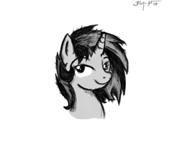 Size: 1144x1000 | Tagged: safe, artist:masterjosh140, oc, oc only, oc:homage, species:pony, species:unicorn, fallout equestria, black and white, fanfic, fanfic art, female, grayscale, horn, mare, monochrome, simple background, smiling, solo, white background