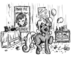Size: 986x1000 | Tagged: safe, artist:masterjosh140, character:pinkie pie, oc, oc:silver bell, species:earth pony, species:pony, fallout equestria, balloon, black and white, broken horn, fanfic, fanfic art, female, filly, forever, grayscale, hooves, horn, looking at you, mare, ministry mares, ministry of morale, monochrome, pinkie pie is watching you, poster, propaganda, smiling, solo, text
