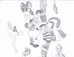 Size: 3308x2552 | Tagged: safe, artist:mc-ryan, character:apple bloom, character:zecora, species:zebra, candle, happy, heart's desire, monochrome, pony hat, potion