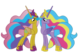 Size: 3000x2000 | Tagged: safe, artist:aquaticneon, character:princess gold lily, character:princess sterling, species:alicorn, species:pony, season 5, duo, ethereal mane, female, high res, jossed, mare, multicolored hair, recolor, simple background, transparent background