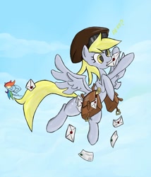 Size: 1000x1167 | Tagged: safe, artist:juanrock, character:derpy hooves, character:rainbow dash, species:pegasus, species:pony, bag, duo, female, flying, letter, mare, mouth hold, saddle bag