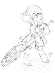 Size: 774x1032 | Tagged: safe, artist:muffinsforever, monochrome, ponified, red (transistor), sketch, solo, sword, transistor