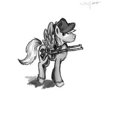 Size: 1000x1000 | Tagged: safe, artist:masterjosh140, oc, oc only, oc:calamity, species:pegasus, species:pony, fallout equestria, battle saddle, black and white, clothing, fanfic, fanfic art, grayscale, gun, hat, male, monochrome, rifle, simple background, solo, stallion, weapon, white background, wings