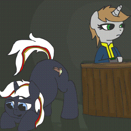 Size: 450x450 | Tagged: safe, artist:teschke, oc, oc only, oc:littlepip, oc:velvet remedy, species:pony, species:unicorn, fallout equestria, animated, clothing, dat butt, eyes on the prize, fanfic, fanfic art, female, foaming at the mouth, gif, horn, lesbian, lip bite, mare, meme, pipbuck, sunglasses, the ass was fat, vault suit