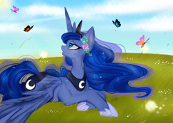 Size: 2912x2059 | Tagged: safe, artist:chokico, character:princess luna, species:alicorn, species:pony, butterfly, chokico is trying to murder us, colored pupils, crown, cute, ethereal mane, female, flower, flower in hair, galaxy mane, grass, hoof shoes, jewelry, lunabetes, profile, prone, regalia, solo, watermark