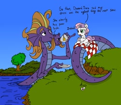 Size: 1200x1046 | Tagged: safe, artist:arthur9078, character:steven magnet, character:sweetie belle, species:pony, species:sea serpent, species:unicorn, duo, female, filly, frown, gossip, grumpy, open mouth, picnic, picnic blanket, plate, pond, river, sitting, smiling, tail, tea, teabag, teacup, underhoof, water