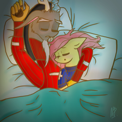 Size: 1000x1000 | Tagged: safe, artist:darkestsunset, character:discord, character:fluttershy, ship:discoshy, bed, clothing, cuddling, female, male, shipping, sleeping, snuggling, straight, sweater, sweatershy