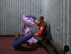 Size: 1024x768 | Tagged: safe, artist:funsketch, character:twilight sparkle, species:human, species:pony, species:unicorn, 3d, cute, eyes closed, female, gmod, gun, hooves, horn, mare, open mouth, optical sight, petting, rifle, smiling, sniper, sniper rifle, team fortress 2, teeth, weapon