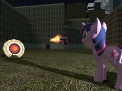 Size: 1024x768 | Tagged: safe, artist:funsketch, character:twilight sparkle, 3d, city, concentrating, female, floating, focus, gmod, gun, magic, night, shooting, smiling, solo, target