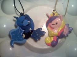 Size: 800x600 | Tagged: safe, artist:piichu-pi, character:princess cadance, character:princess luna, species:alicorn, species:pony, bust, craft, eyes closed, female, irl, jewelry, mare, merchandise, necklace, photo